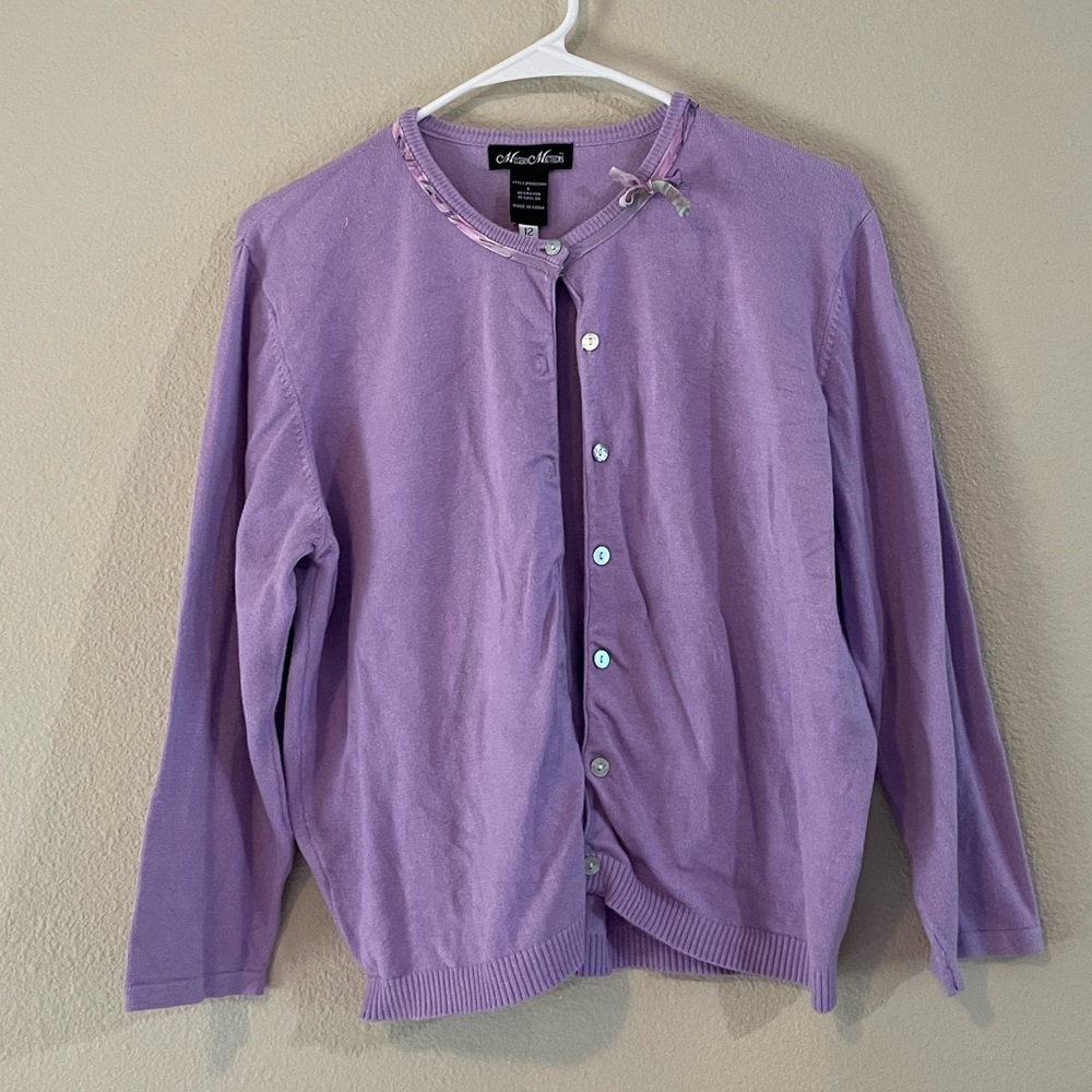 Y2K Lavender Button-Front Cardigan with Ribbon Detail